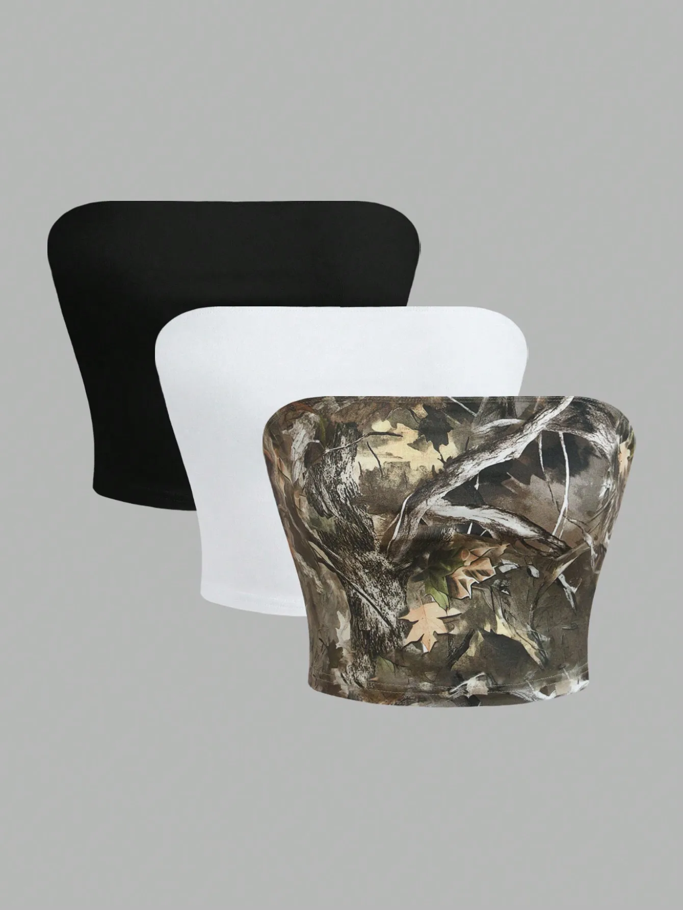 

Женский комплект из 3 топов-бандо: камуфляжный принт и однотонные черный/белый, укороченный крой