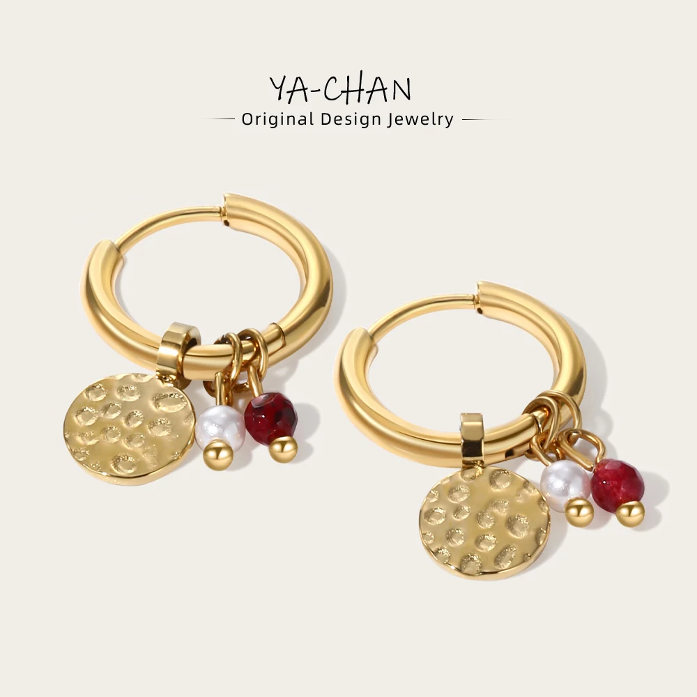 YACHAN 18K Gold Plated Stainless Steel Hoop Earrings for Women Tap Texture Metal Pearl Charms Earring Trendy Jewelry Gift