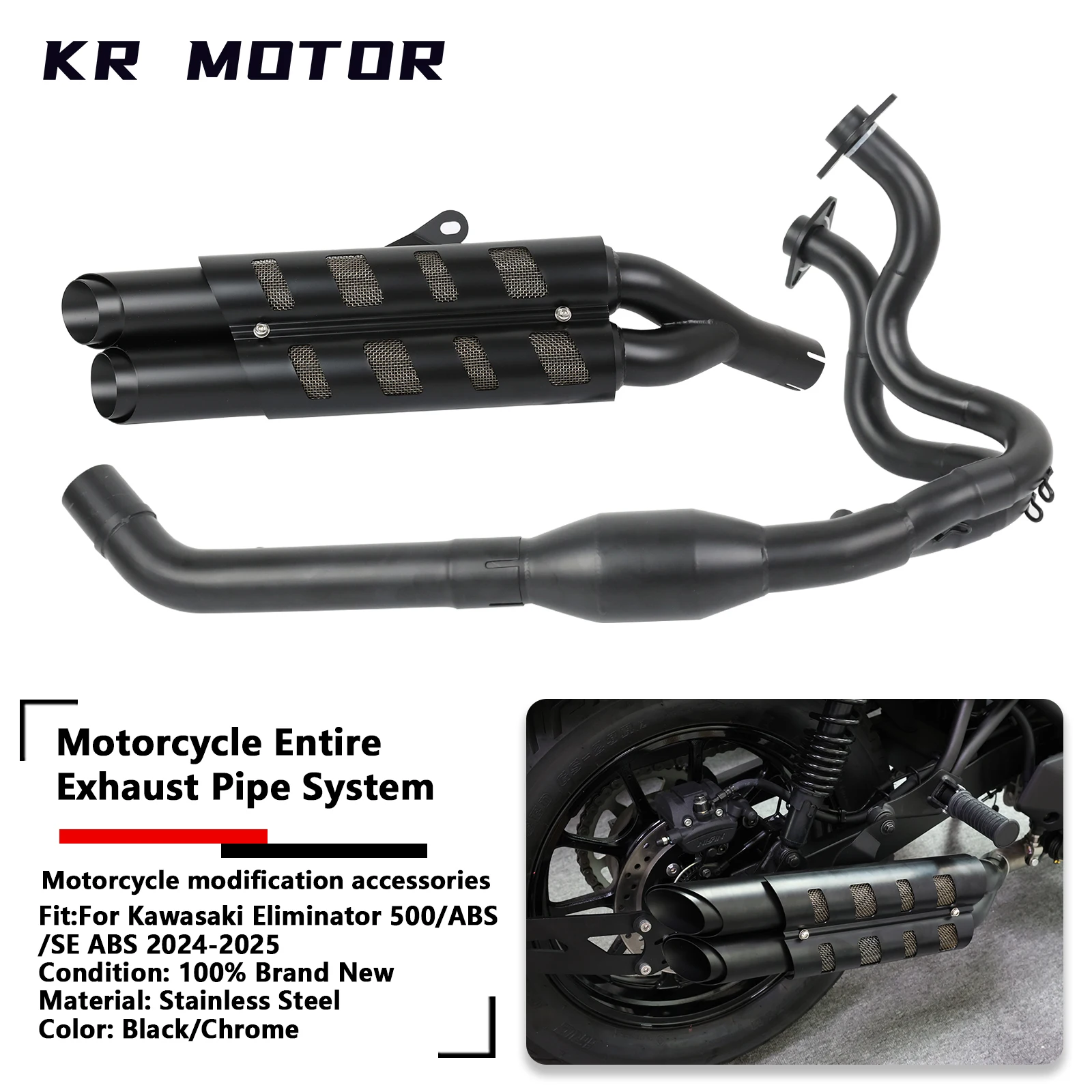 

Motorcycle Slip-On Dual Exhaust Pipe System With Muffler Fits For Kawasaki Eliminator 500/Eliminator 500 ABS/SE ABS 2024-2025