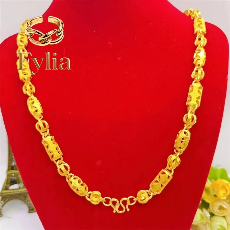 Fylia Jewelry  Men's boutique 9999 24K real gold hollow M-buckle men's necklace cylindrical necklace hollow lantern style gold j