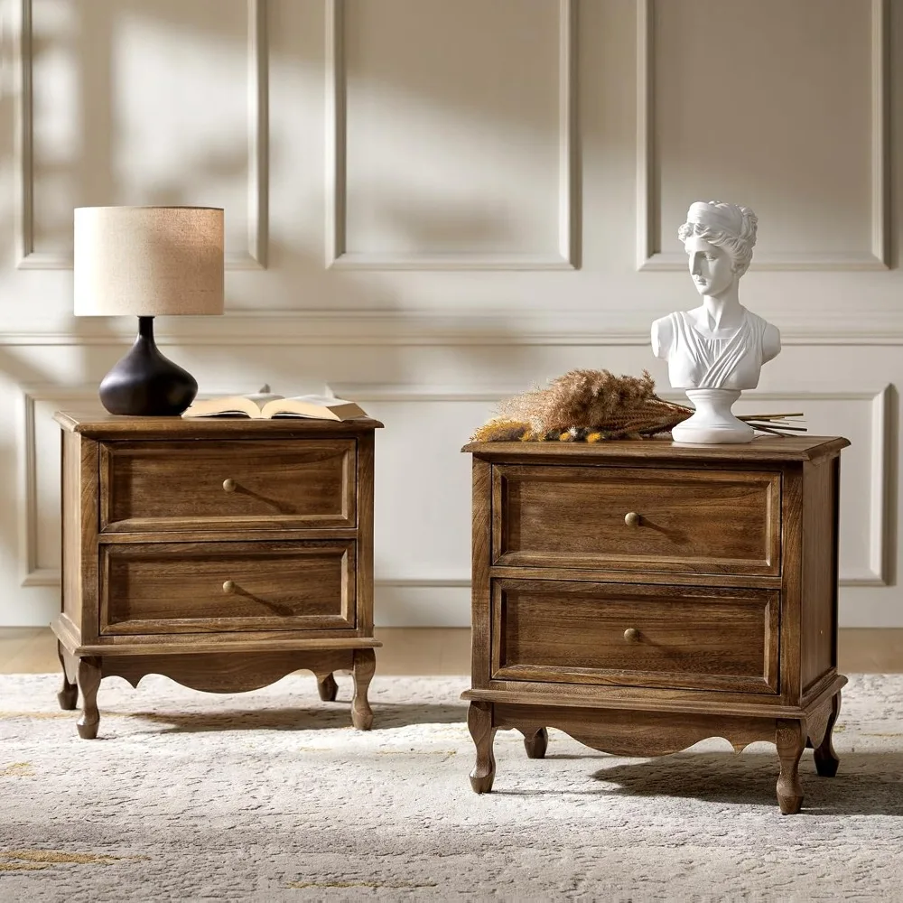 

pair of solid wood nightstands with charging dock, vintage-style bedside tables with wooden legs and dual drawers, french-inspir