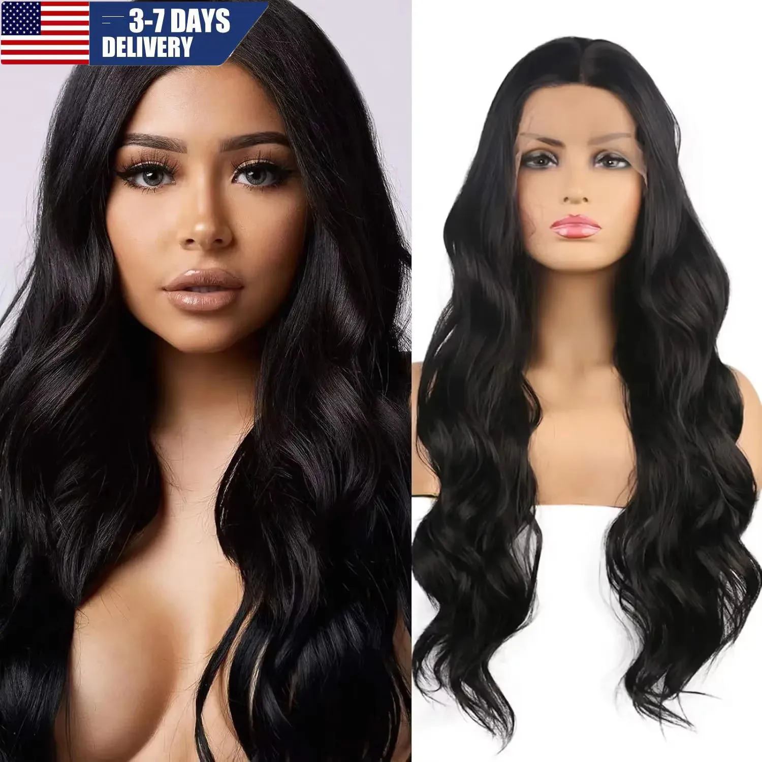 Perruque Lace Front Synthétique Longue et Ondulée Noire pour Femme, Cheveux Sans Colle, Fibre de Degré de Chaleur, Cosplay Party et 03/Wear