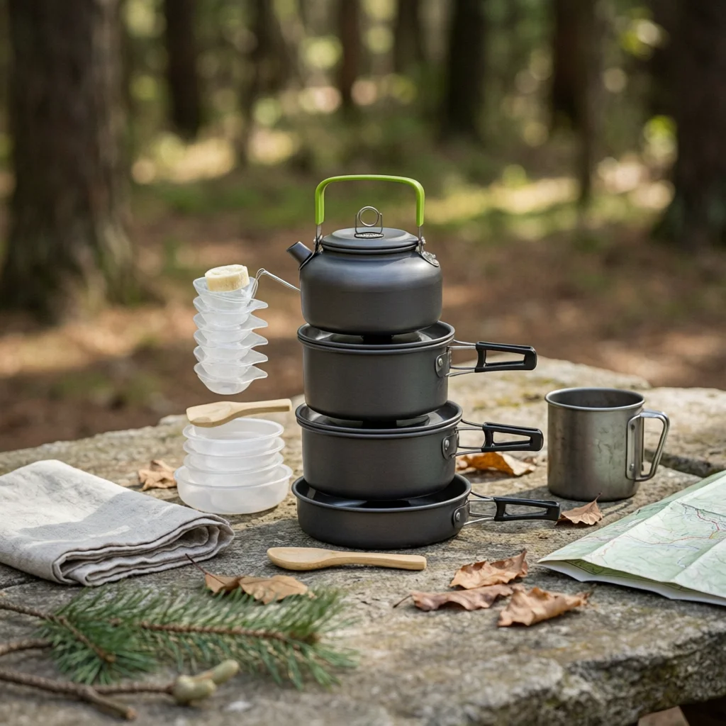Camping Cooking Pots And Pans Set - مجموعة أدوات الطهي للتخييم مع غلاية،