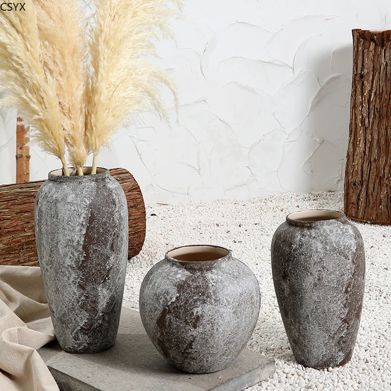Retro New Chinese Clay Pot Wabi Sandy Wind Old Decoration Ornament Flower Arrangement Hydroponic Ceramic Vase  Home Decor