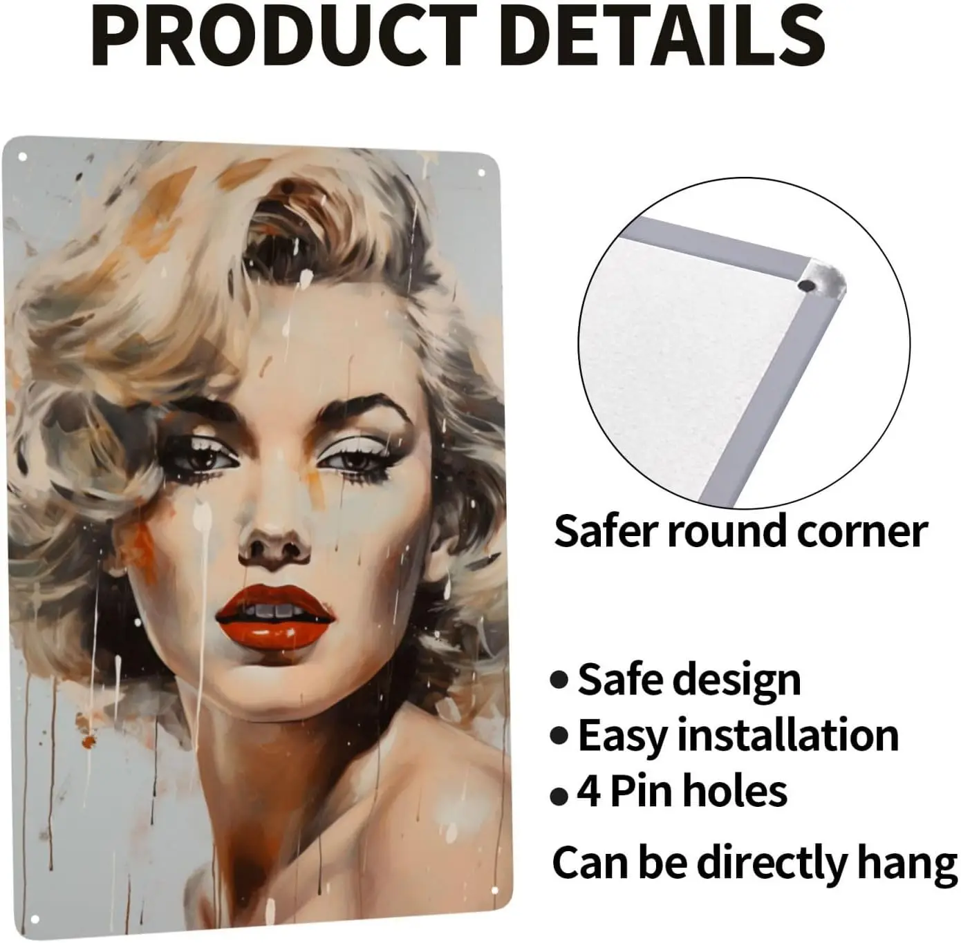 Marilyn Monroe Vintage Tin Sign Wall Art Canvas & Poster Decor，Trendy Wall Decor，Makeup Room Decor，Framed Vintage Wall Art ，