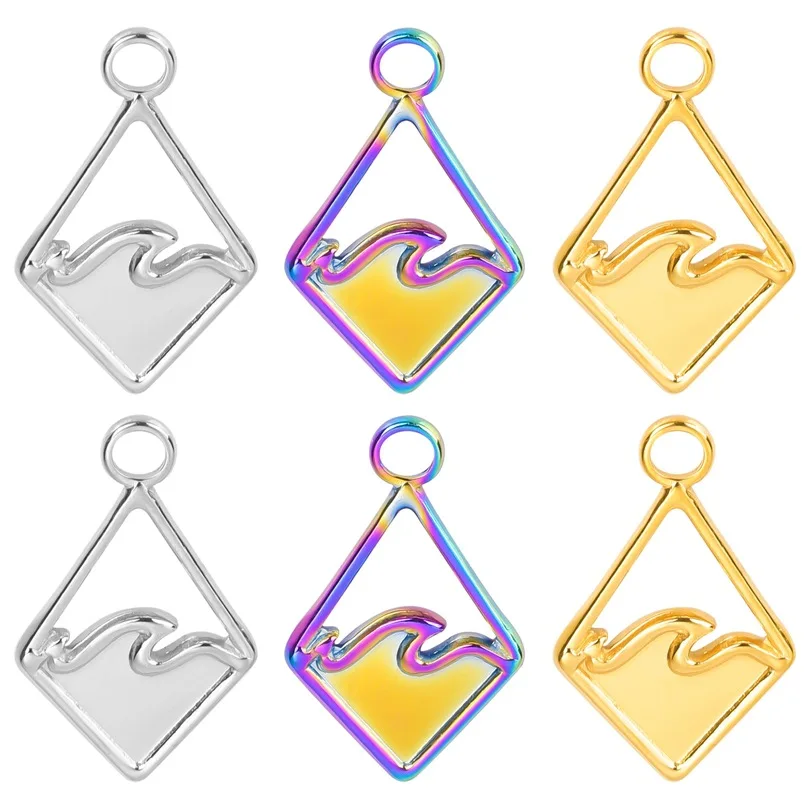 5Pcs DIY 316L Stainless Steel 22X14mm Sea Wave Rainbow Silver Gold Color Charms Pendant for Men Women