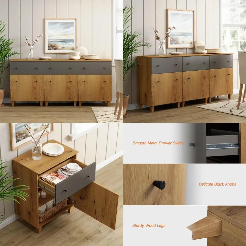 

Triple Buffet Cabinets with Storage for Kitchen, 70.8 Wood Sideboards Featuring Drawers and Doors, Contemporary Coffee Bar Serve