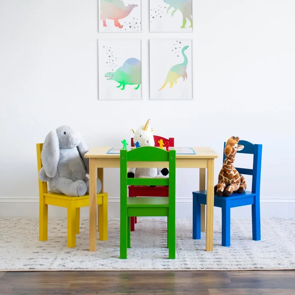 Humble  Kids Desk Crew Collection Kids Wood Table & 4 Chair Set, Natural/Primary Children Table and Chair Set