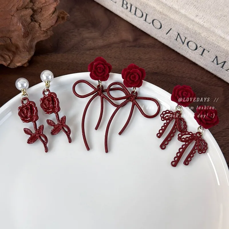 Earrings Burgundy Flocked Rose Bow French Vintage Elegant Flattering Skin Tone Lightweight Comfortable Daily 2024 Jewelry
