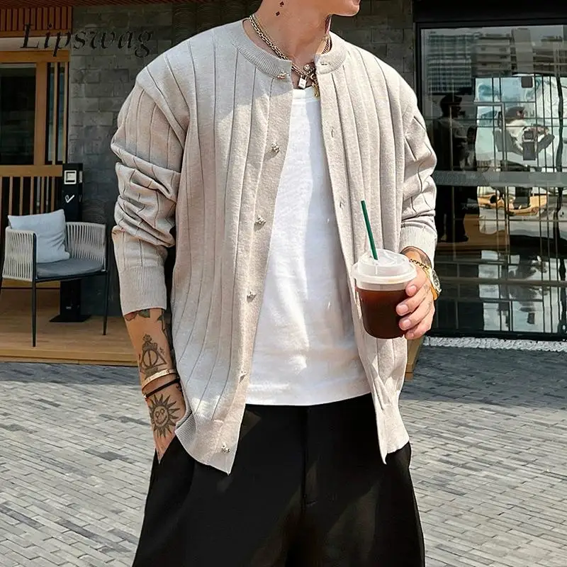 

Уличный повседневный свитер на пуговицах, мужские винтажные текстурированные вязаные кардиганы с круглым вырезом, мужские весенне-осенние стильные свитера, пальто