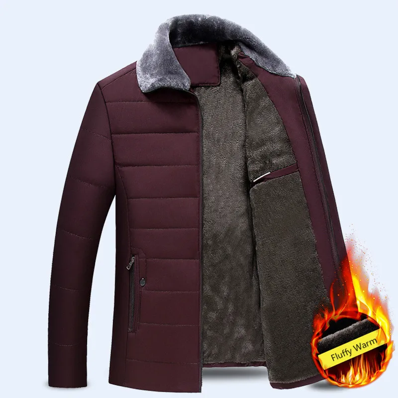 Mode Mannen Katoen Fluwelen Dikke Faux Bontkraag Fleece Jas Parka Wine Red Mens Winter Parka Pluizige Warme Jongens Jas plus Size