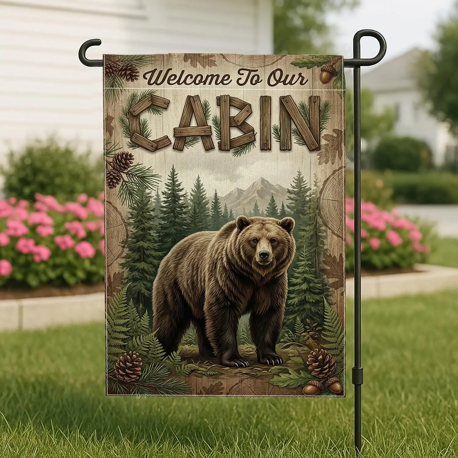Bear Garden Flag, Rustic Nature Pine Cedar Fall Brown Double Sided Burlap Small Garden Yard Flag for Outdoor Front Porch Law yyi