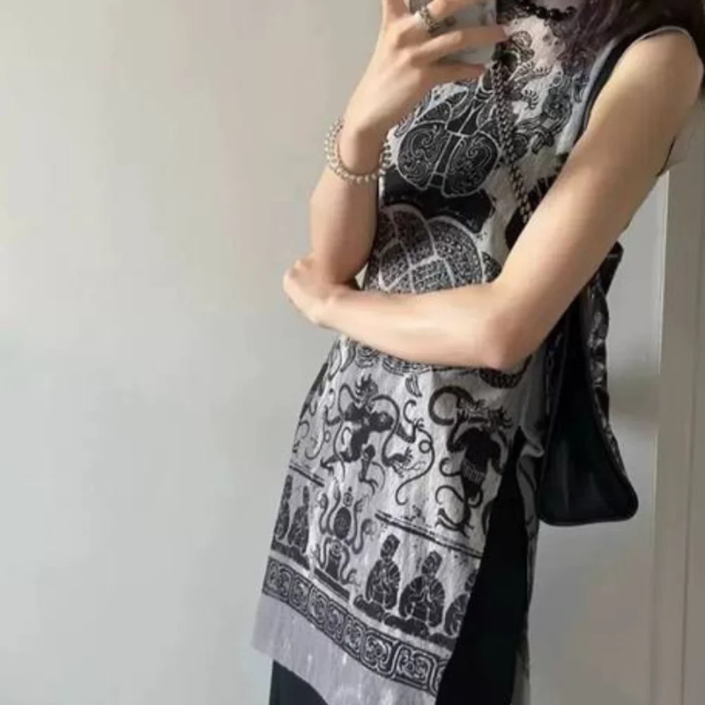 Summer Top 2025 Snake Pattern Mesh Women's Sleeveless Perspective Tight High Neck Tank Top Designer Fashion Top