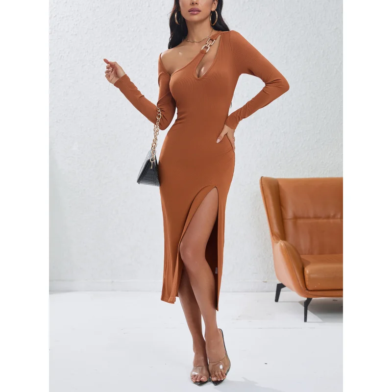 

YQ1-Women's Sexy Irregular Hollow Out Slim Dress Solid Color Asymmetrical Shoulder Fashionable Off-Shoulder Dress