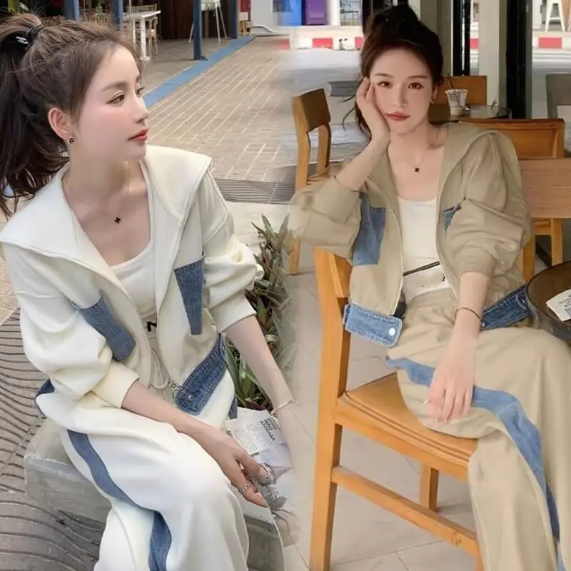 Spring Autumn New Fashionable Women Sports Leisure Set Age Reducing Western Style College Style Wide Leg Pants Two Piece Set