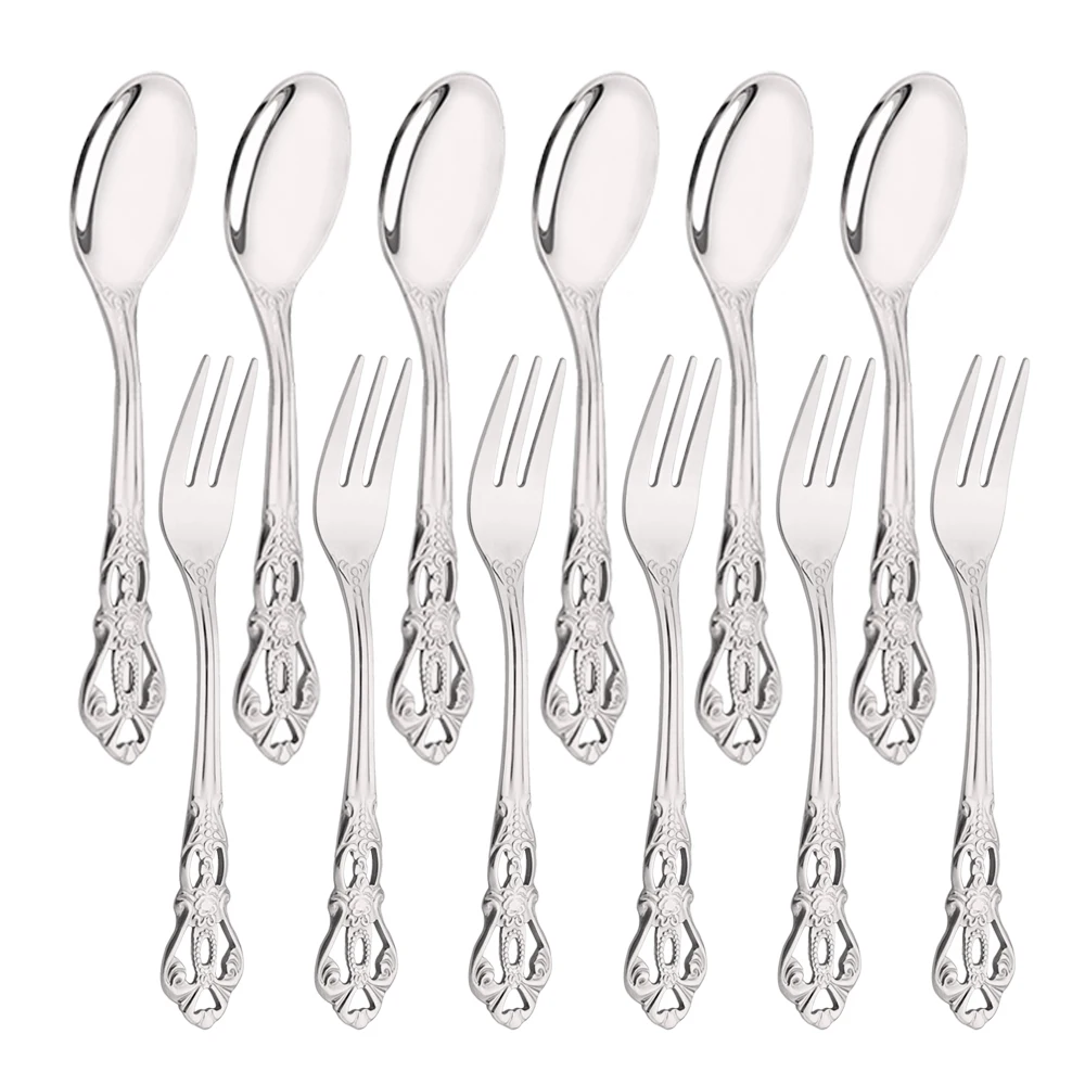 12Pcs Tea Fork Spoon Stainless Steel Tableware Set Fruit Fork Dinnerware Cutlery Set Cake Snack Fork Spoon Kitchen Utensils Set