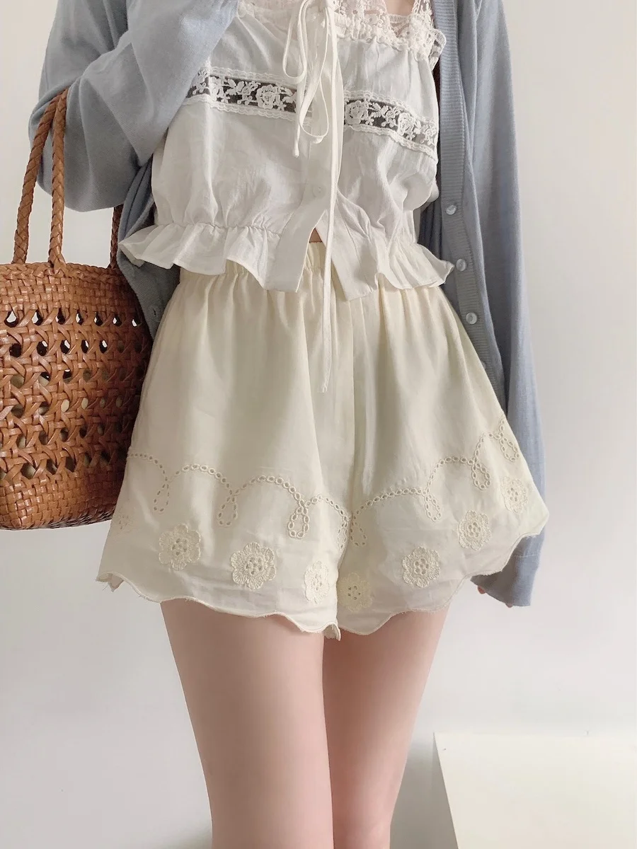 

Женские повседневные брюки FlowGaga с кружевной отделкой, эластичным поясом, свободного кроя, широкие штанины, в корейском стиле, с высокой талией, из хлопка, прямого кроя