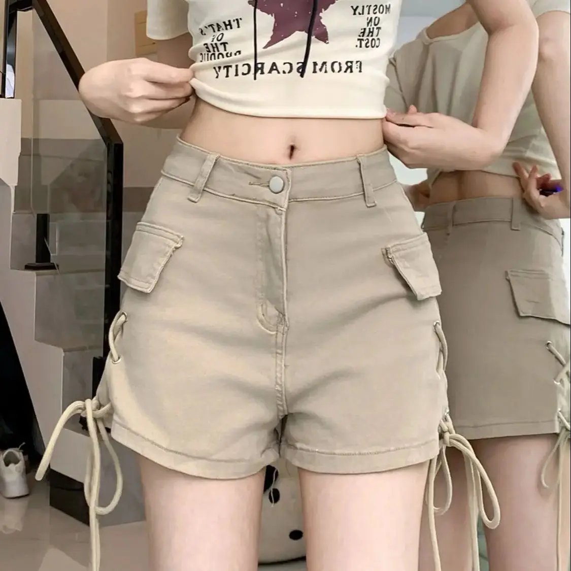 

Denim Cargo Shorts Drawstring Lace Up High Waist Vintage Streetwear Women Harajuku Sexy Khaki Shorts Slim Amercian A Line Shorts