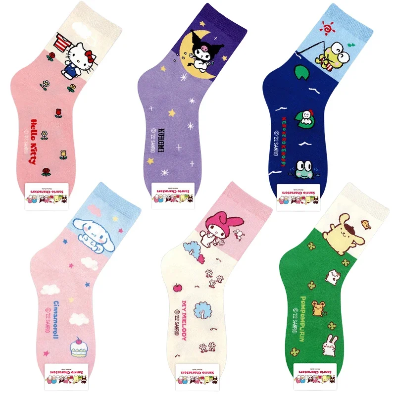 Sanrios My Melody Cinnamoroll Kuromi Keroppi Anime Cartoon Cute Women Spring Autumn Combed Cotton Socks Girl Student Stockings