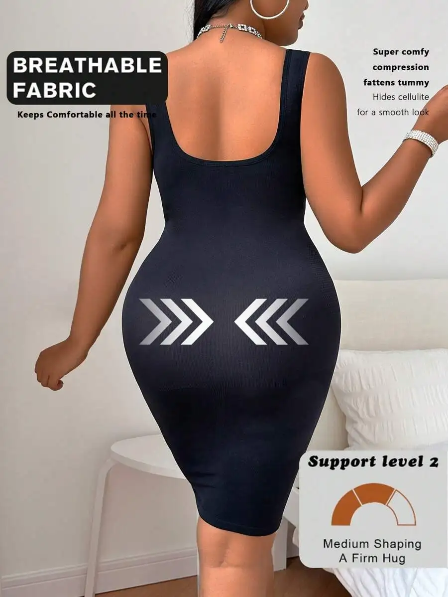 

Plus Size Breathable Solid Black Camisole Sheath Dress With Medium Shaping Support For Summer