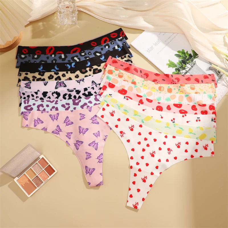 5Pcs Women Ultra-thin G-string Seamless Print Thongs Sexy Leopard Panties Ladies Soft Cute Thongs Female S-XL T-Back Panties