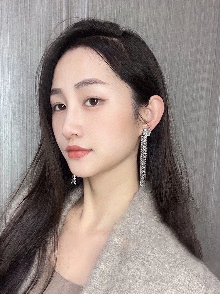 

Elegant Fashionable Modern Statement Silver Fringe Crystal Chain Square Metal Stainless Steel Drop Earrings Women Jewelry Woman