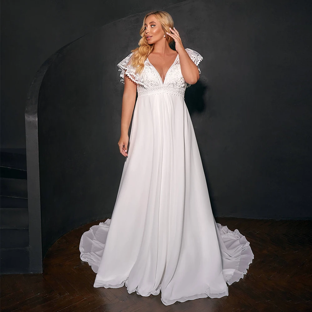 Women Plus Size A-line Wedding Dresses Customized V Neck Applique Chiffon Sweep Train Beach Bridal Gown vestido de novia