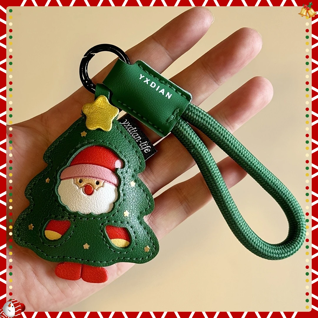 พวงกุญแจคริสต์มาสสุดหรู 1 ชิ้น ลายซานตาคลอส กวางเรนเดียร์ สายสีเขียว วัสดุ PU ของตกแต่งกระเป๋า ของขวัญคริสต์มาส ของชำร่วยงานปาร์ตี้