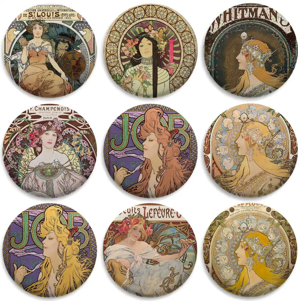 

A-ALFONS MUCHAS Retro Badges Round Exquisite Badge Brooches Creative Pins For Clothes Hat Backpack Gift Accessories