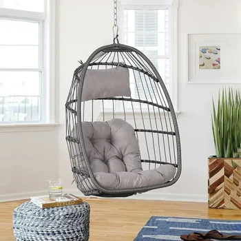 Image Patiorama Indoor Outdoor Egg Swing Chair Without Stand,Patio Grey Wicker Rattan Hanging Chair,Swing