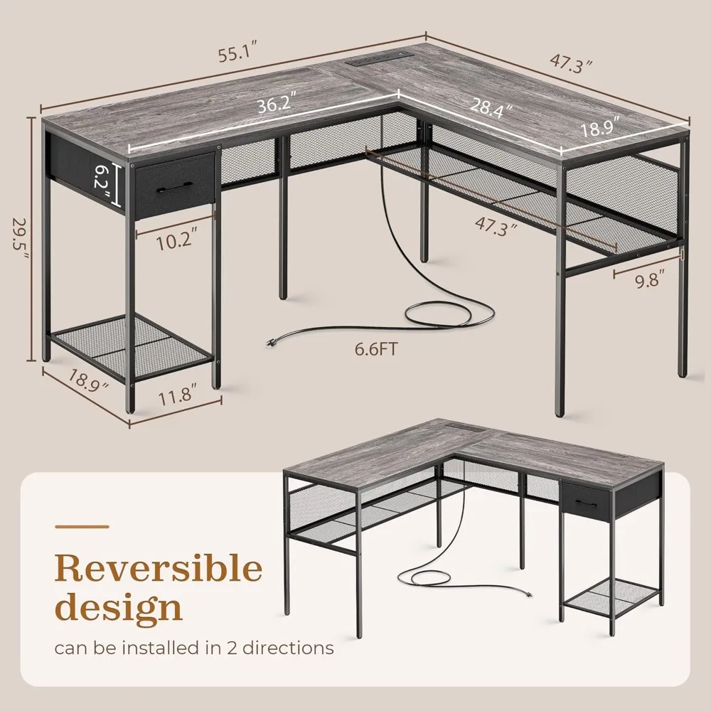 Super jare L-förmiger Schreibtisch mit Steckdosen, Computer tisch mit Schublade, reversibler Eck schreibtisch mit Gitter regal