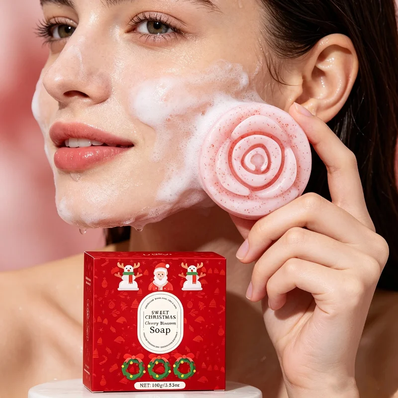 Holiday Theme Fragrance Handmade Soap 100g 3D Floral Rose Shape Christmas Face Body Cleansing Soap Unisex Gentle Non-tightening