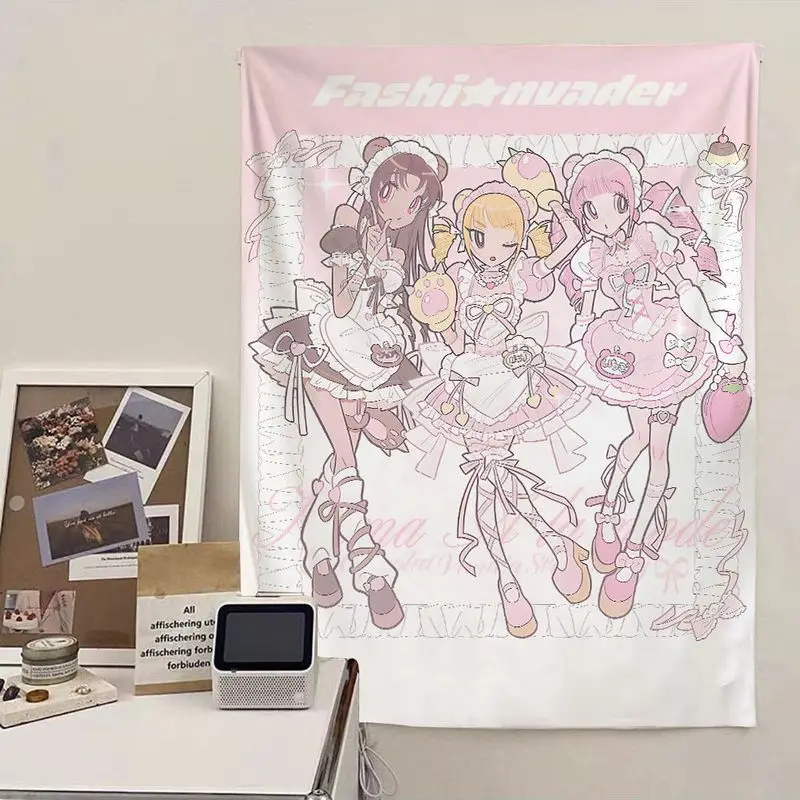 VIKAMA Cute Maid Team Anime Wall Tapestry Pastel Sweet Style Teen Room Dorm Gaming Room Living Room Hanging Cloth Decor