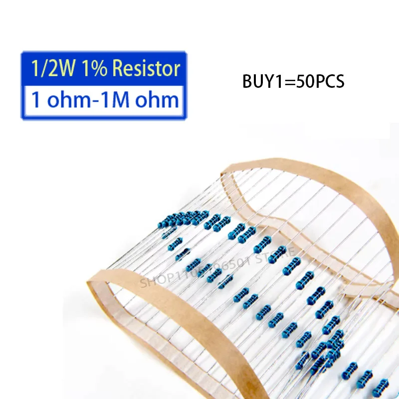 50PCS Metal Film Resistor 1/2W(0.5W) Resistance 1% five-color ring power resistor  27 68 300 1K 3.3K 120K Ohms