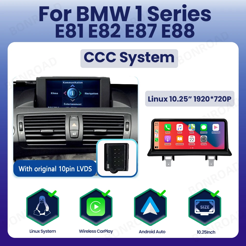 BONROAD Linux Draadloze CarPlay Android Auto Multimedia Display Speler Autoradio voor BMW 1 Serie E81 E82 E87 E88 Touchscreen - afbeelding 1