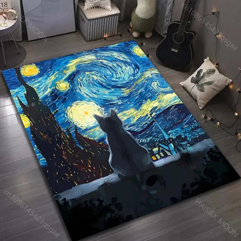 1PC Cat Watching Starry Night Carpet for Living Room Bedroom Sofa Home Decor Rus Non-slip Floor Mat Luxury Gift