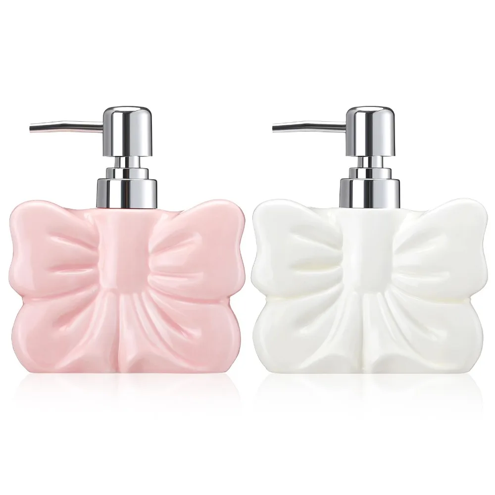 

Cute Bow-knot Refillable Soap Dispenser 360ML Capacity Ceramic Shower Bottles Empty Bottle Removable Lotion Dispenser Bathroom
