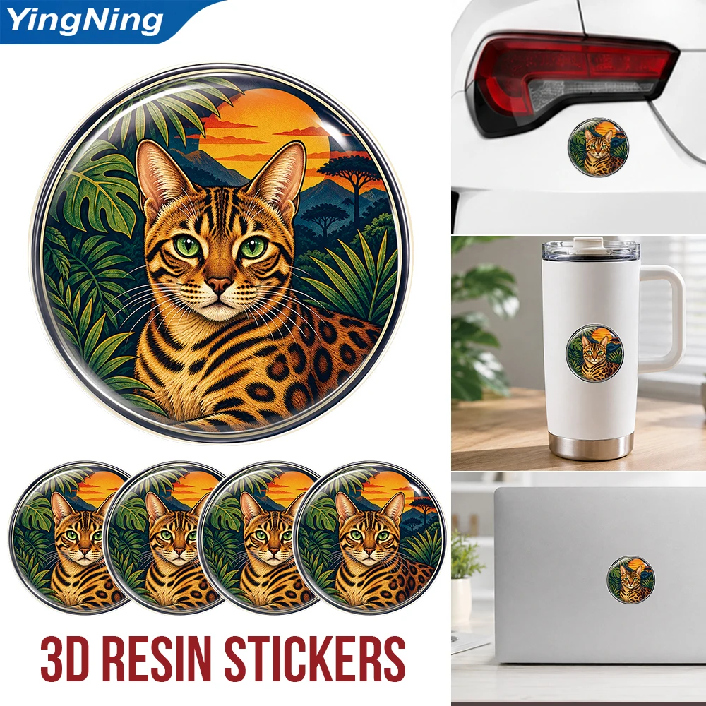 Bengal Cat 3D Resin Domed Sticker Round Scenic Pet Art Waterproof Decal Self Adhesive Emblem for Car Laptop Tumbler Cup Helmet