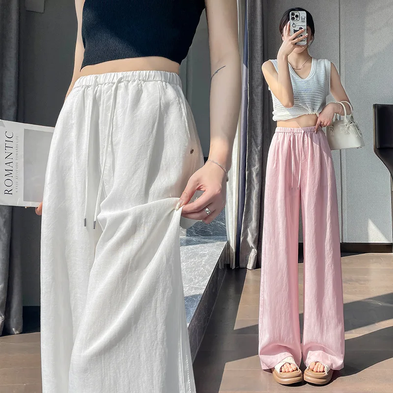 Linen Wide-leg Pants Women's High-waisted Drawstring Drape Lightweight Casual Straight-leg Pants