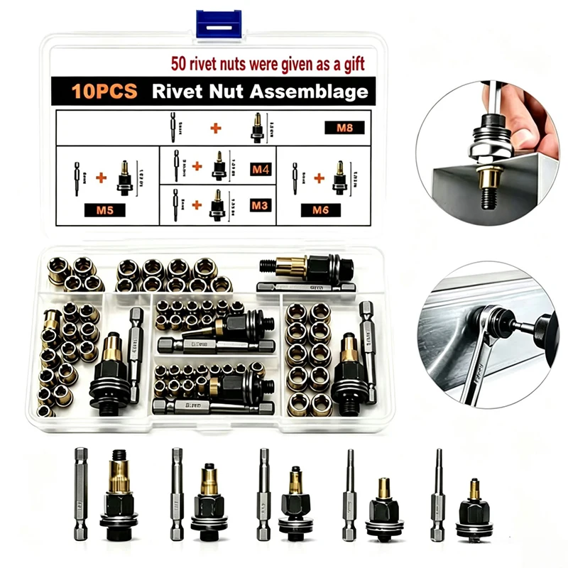 Rivet Nut Tool Riveting Adapter Heads Kit Hand Riveter Gun With Rivnut Nuts Set For Household Metal Working Repair Hardware