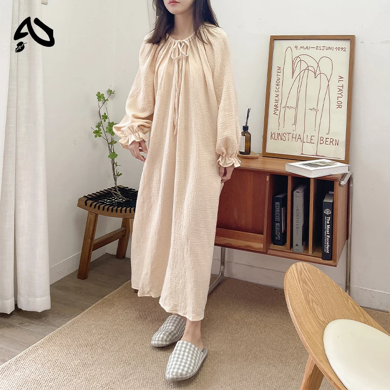

Original Muslin 100% Cotton Pleated Gauze Dress Women's Clothing Casual Long Sleeve Midi Dresses Lace-up Design Pockets Homewear