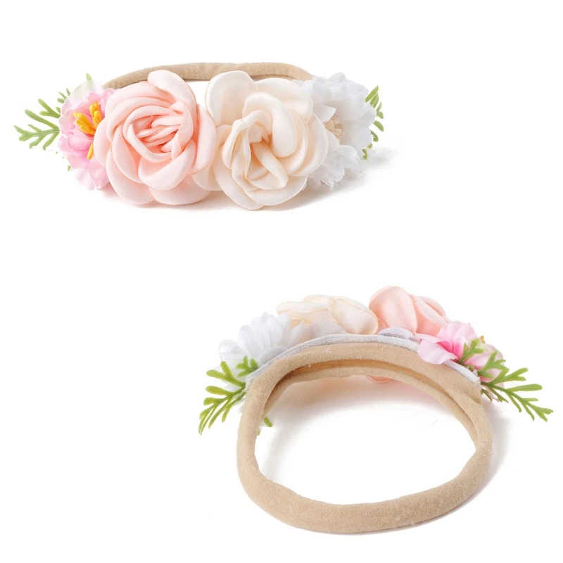 Diadema de flores artificiales para bebé, banda elástica suave de nailon para el pelo de princesa para niña, tocado para recién nacido de cien días