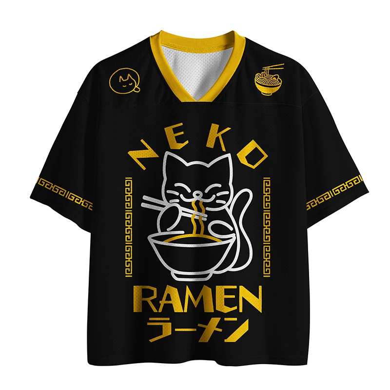 Neko Ramen Cat Japanese Food Mesh Soccer Shirt for Adults and Children Black Yellow V-neck T-shirt