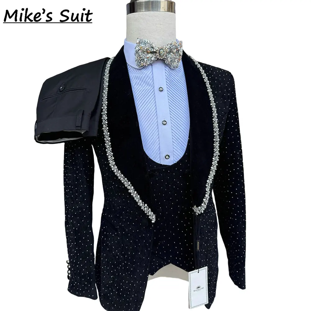 Black Glitter Crystal Sequined Men's Business Suit For Wedding Groom Wear Prom Man Suits Blazer 2 Pieces Set Jacket+Pant