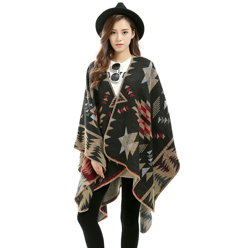 7 Colors Faux Cashmere Blanket Women Printed Stars SPlit Shawl Cape Autumn Warm Double Side Bat Type Knitted Tassel Poncho Cloak