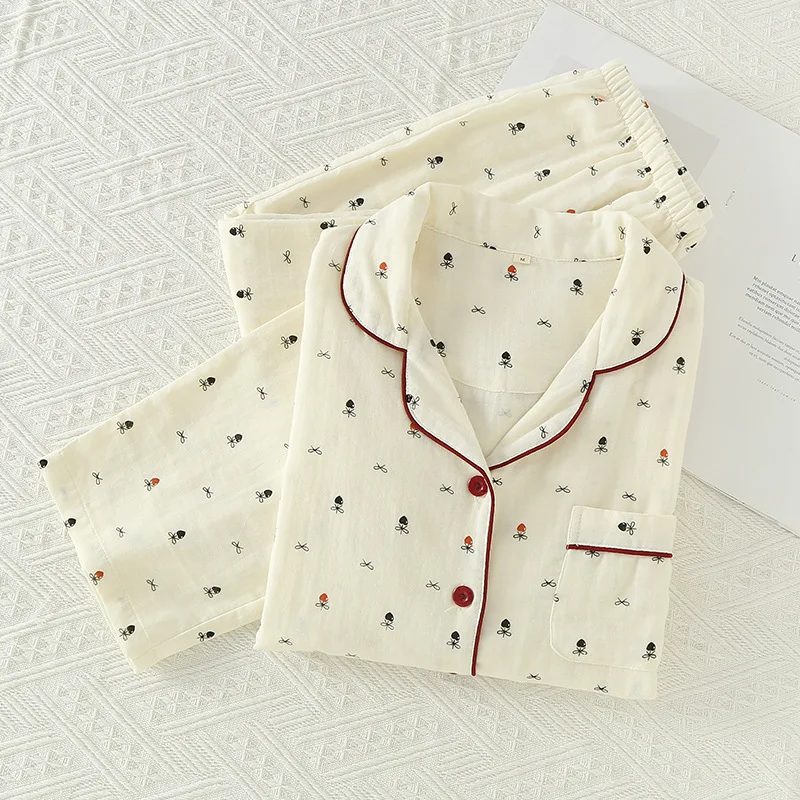 100% cotton double-layer cotton yarn loose and soft  long sleeved pants spring and autumn lapel women's pajamas sleep clothes