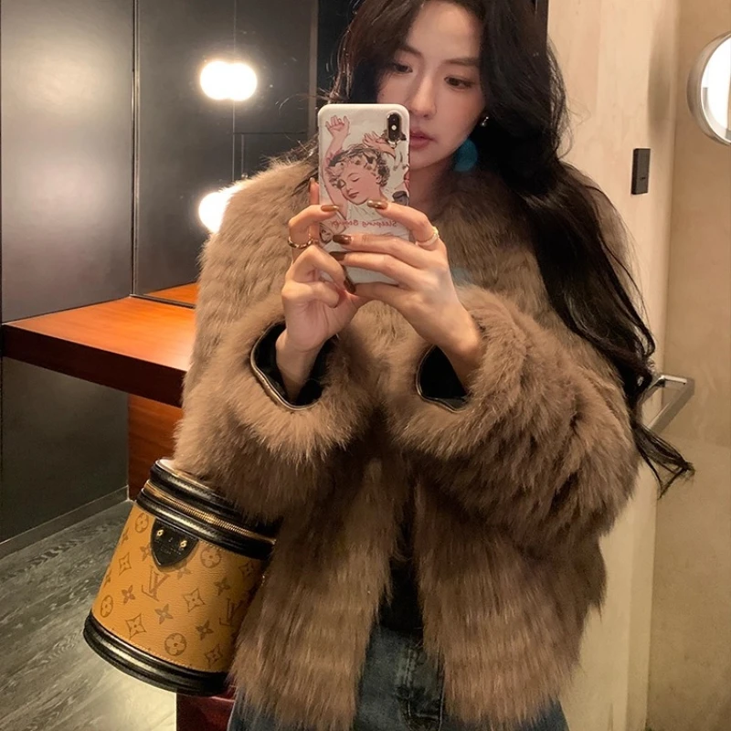 YOLANFAIRY Fox fur real coat winter warmth V-neck blouse long sleeve Short-Length commuting cocoa whole fur jacket female 2025