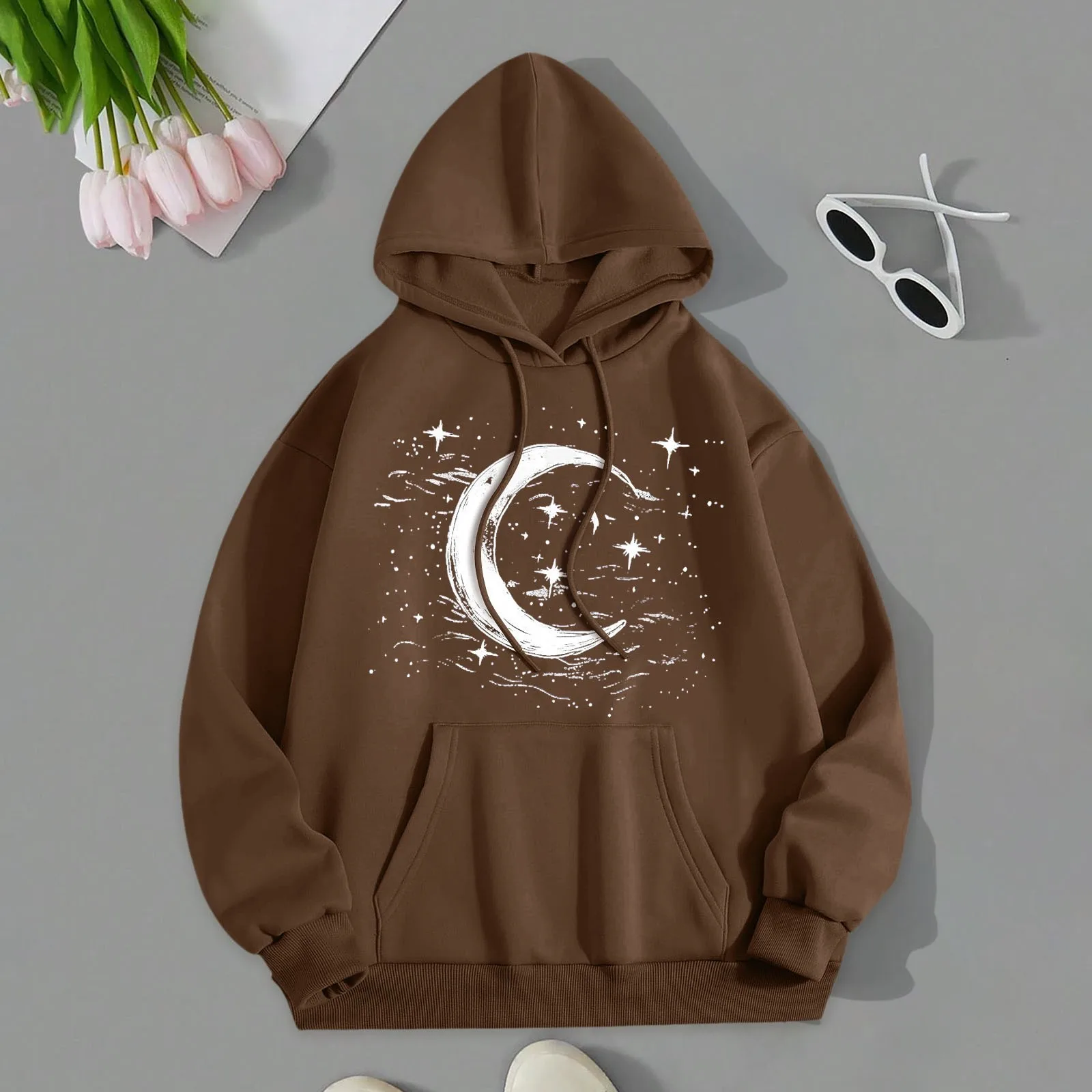 

Women's Fall Winter Hoodie Casual Loose Moon Print Elegant Warm Long Sleeve Fashion Outwear Tops Pullover Streetwear Clothing