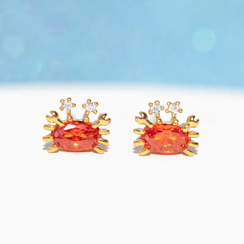 

Cutie Crab Studs Ins Red Color Zircon Ocean Series Earrings Dream Underwater Small Animal Earrings Female