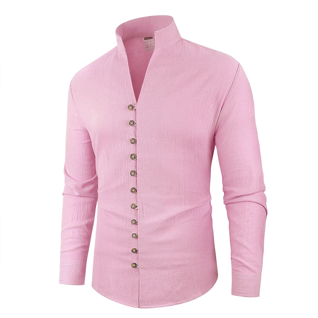 봄 가을 남성 셔츠 싱글 브레스트 세련된 헨리 넥 코튼 린넨 캐주얼 버튼 탑 심플 스타일 남성 아늑한 탑